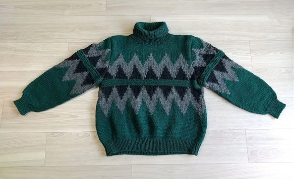 手編み＞グリーンのタートルネック セーター ニット・セーター am-amu